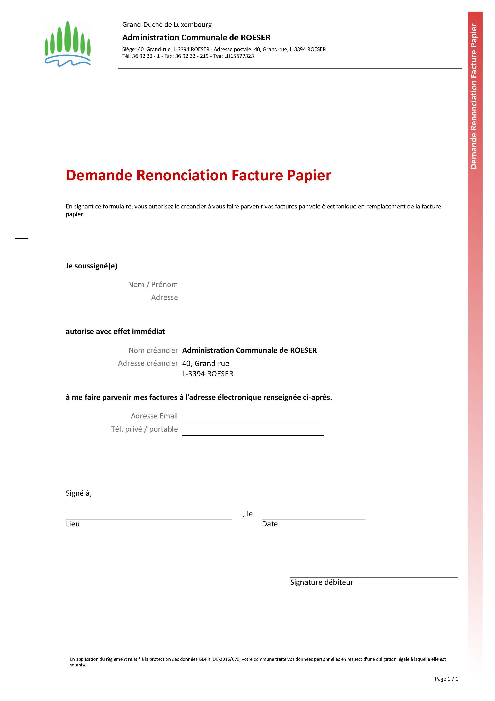 Demande Renonciation Facture Papier