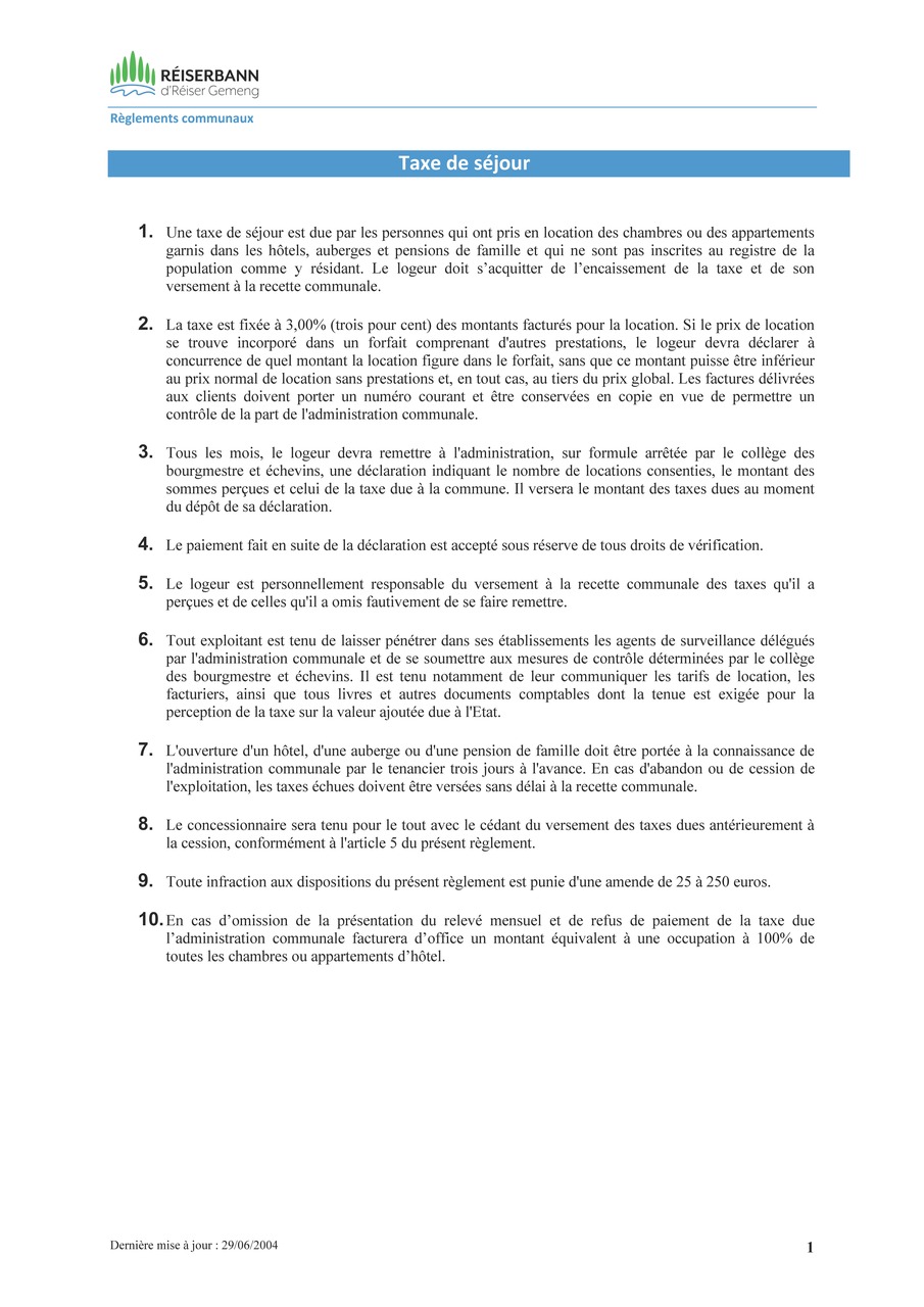 Déclaration pour la perception de la taxe de séjour (Règlement)