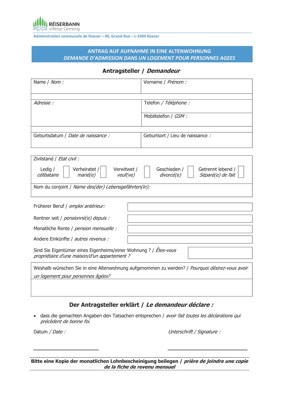 Demande d'admission dans un logement pour personnes âgées