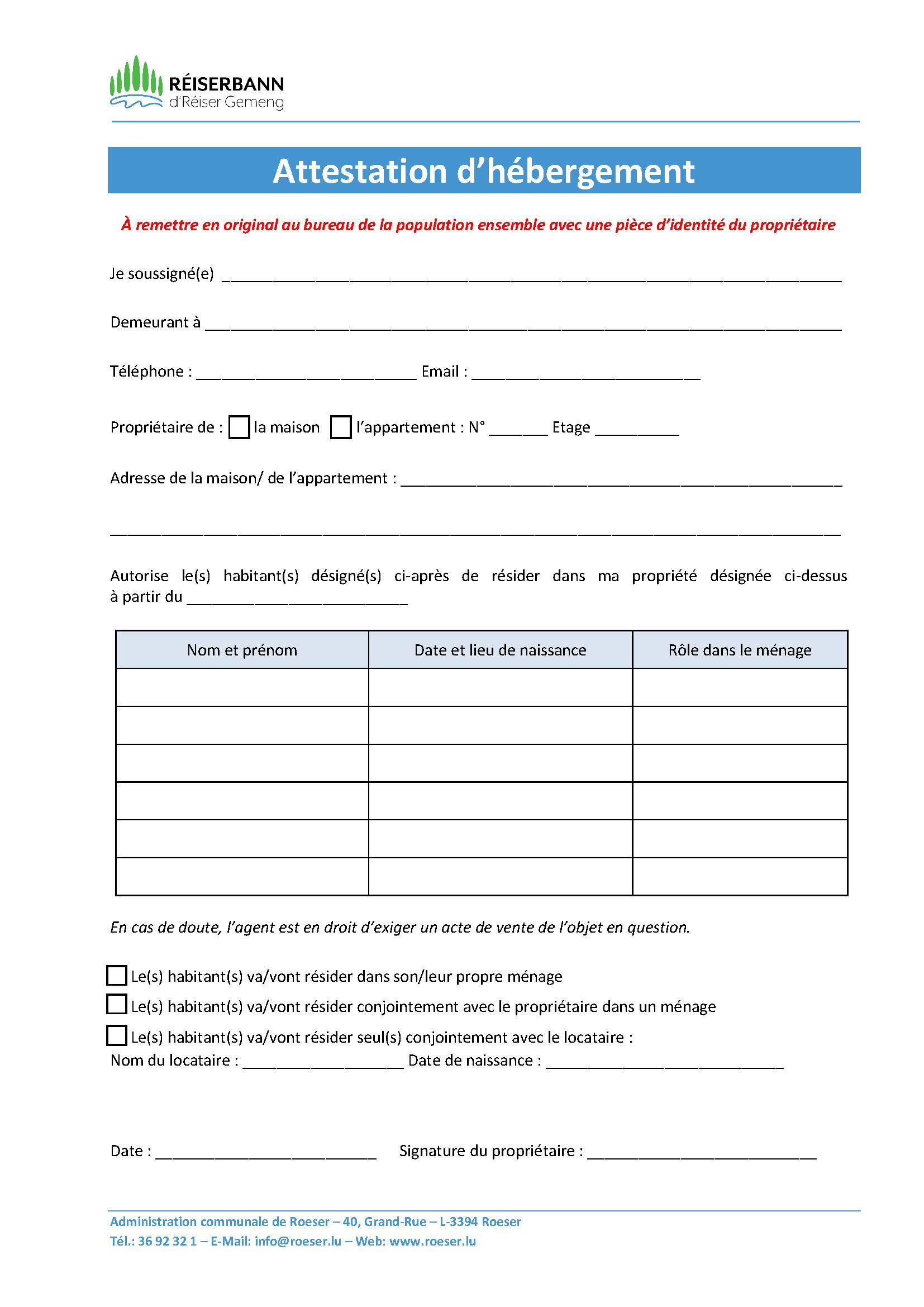 Attestation d'hébergement
