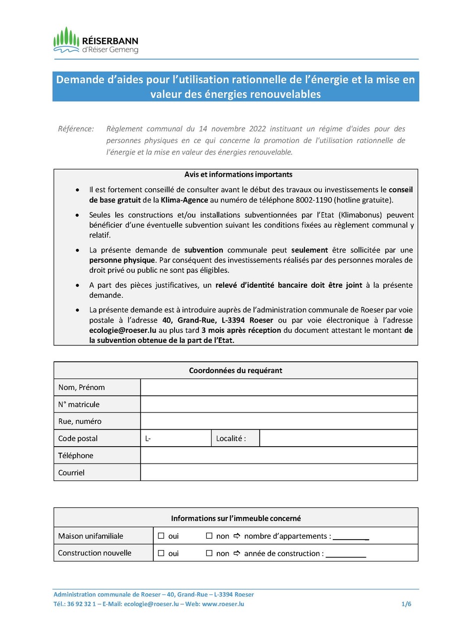 Demande d'aides pour l'utilisation rationnelle de l'énergie et la mise en valeur des énergies renouvelables