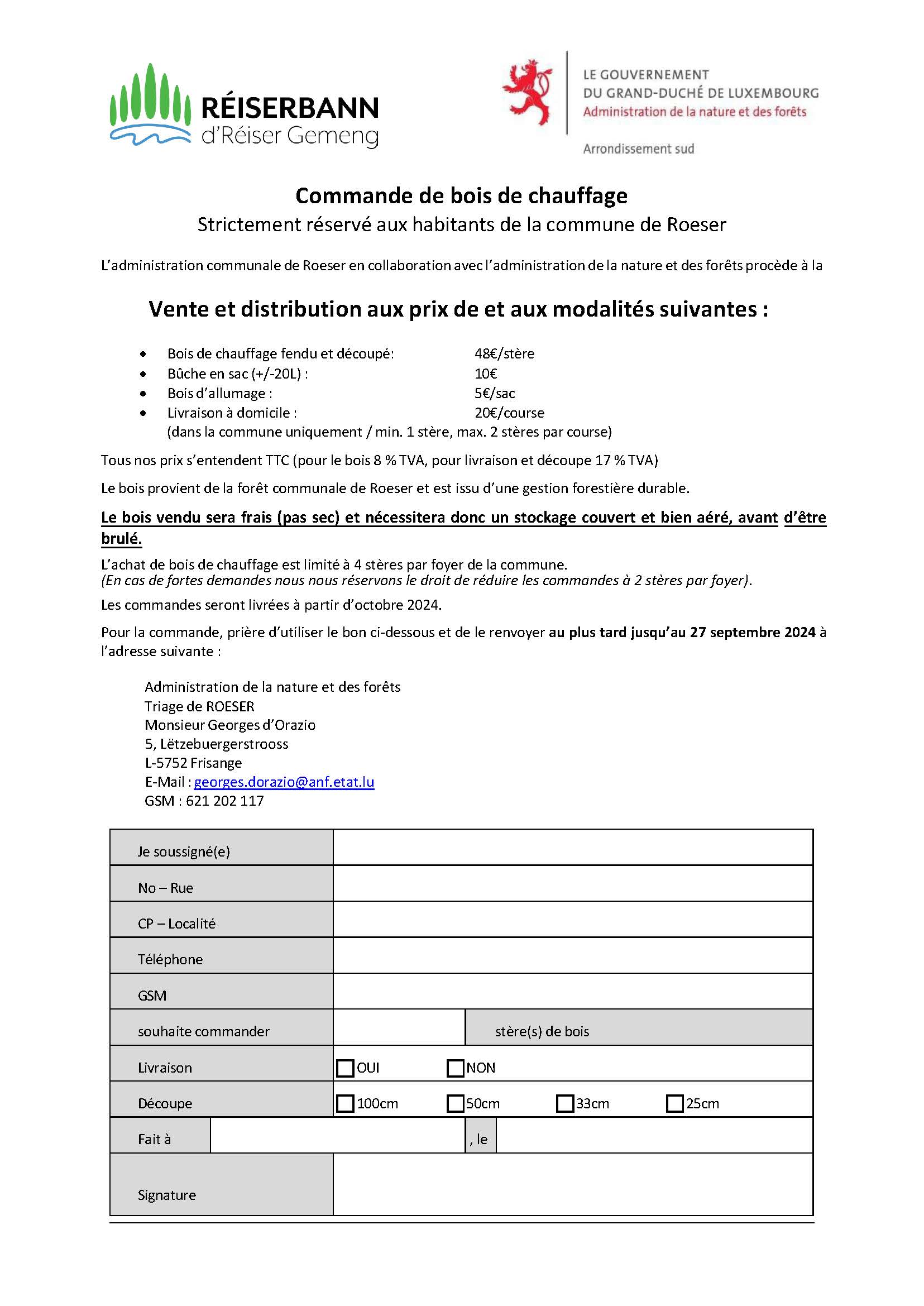 Commande de bois de Chauffage (Administration de la Nature et des Forêts)