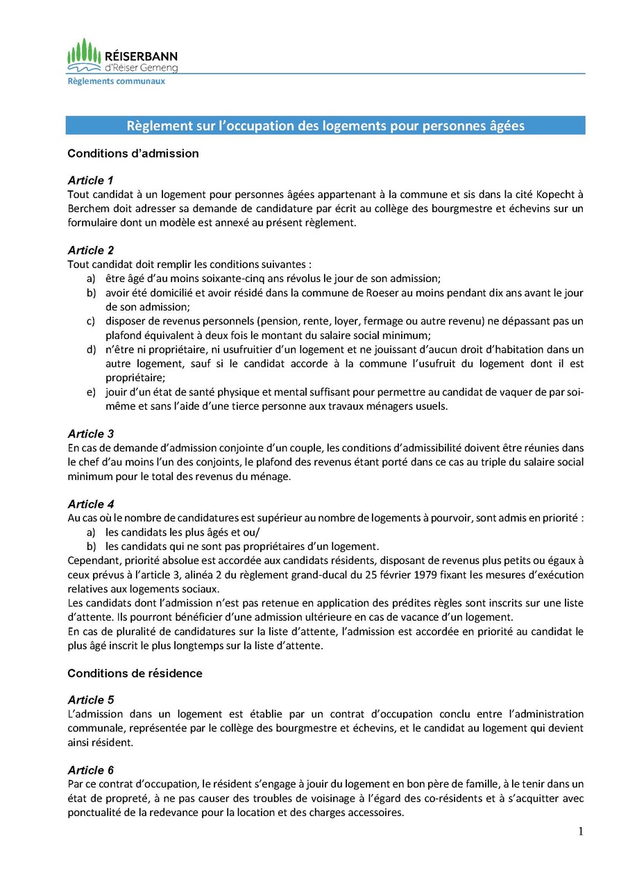 Demande d'admission dans un logement pour personnes âgées (Réglement)