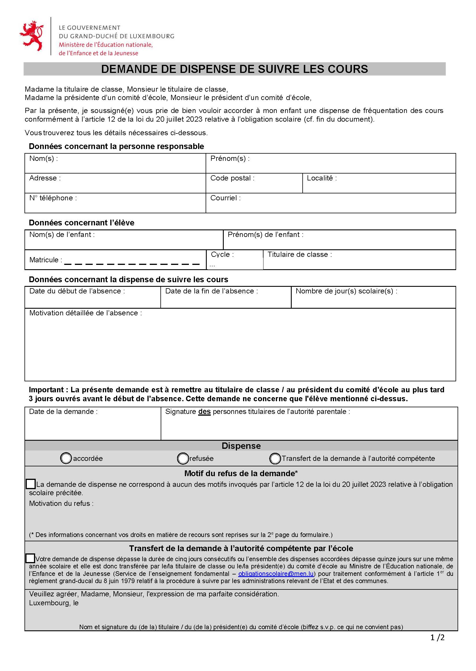 Demande de dispense de suivre les cours (école fondamentale)