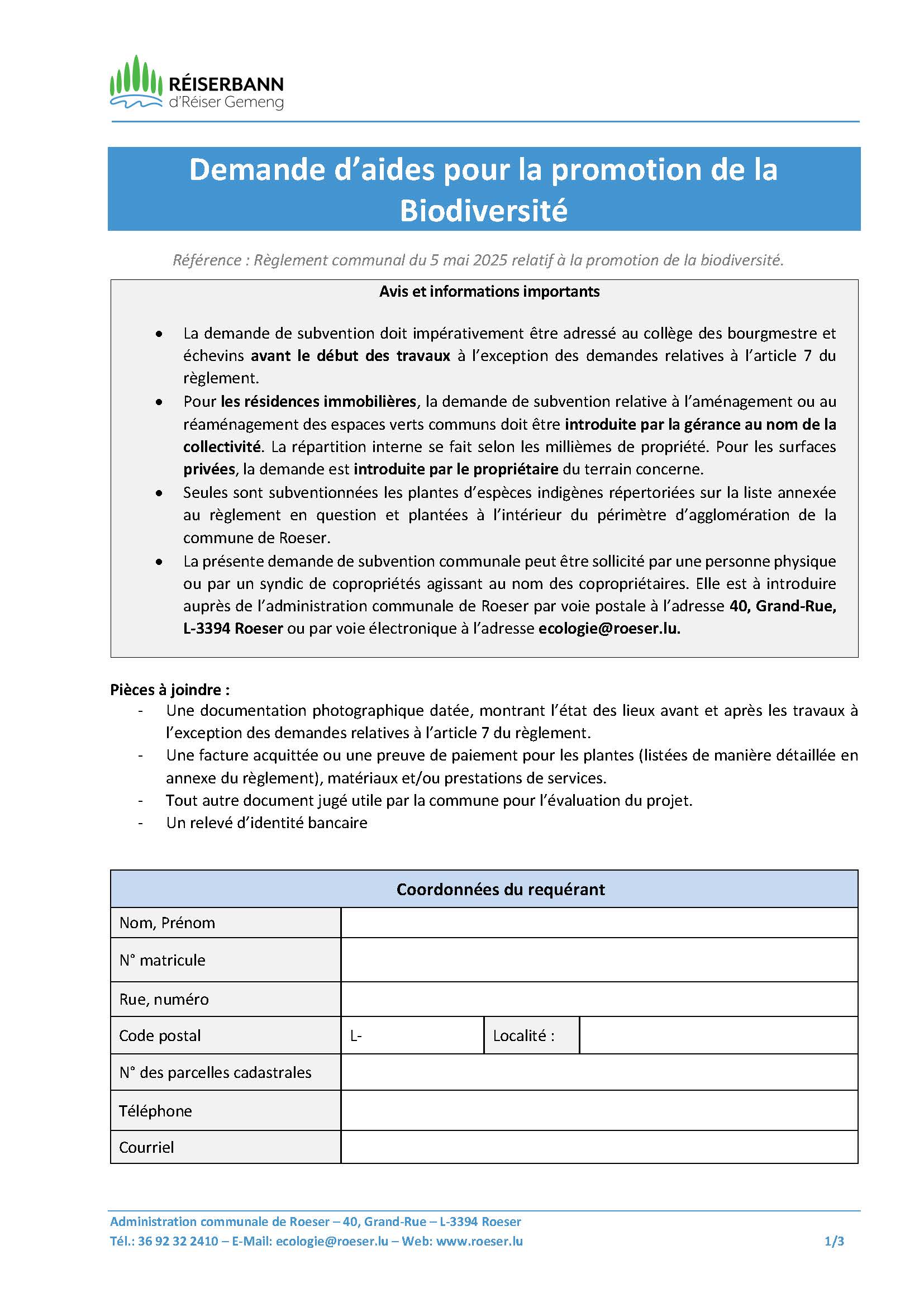 Demande d’aides pour la promotion de la Biodiversité
