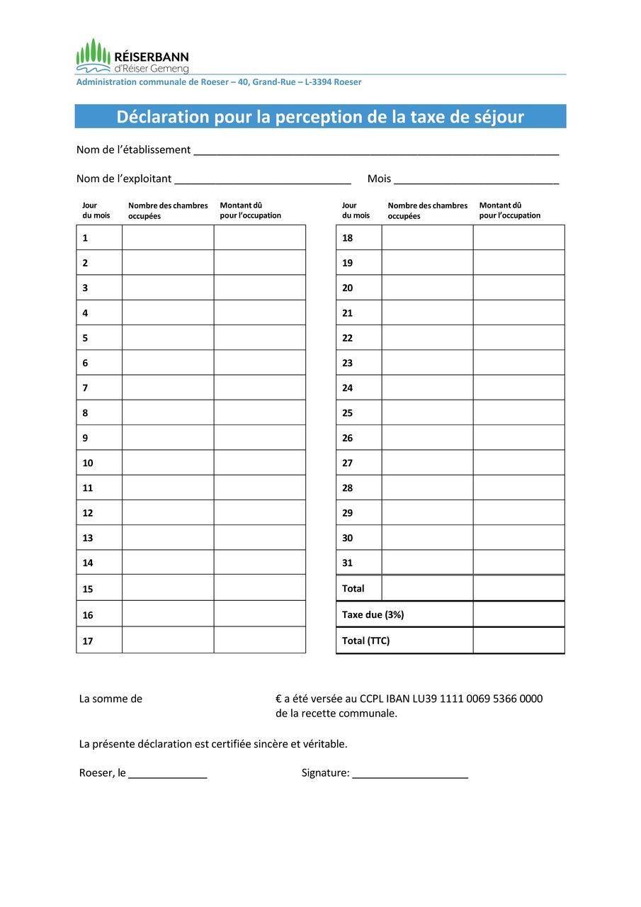 Déclaration pour la perception de la taxe de séjour (Formulaire)