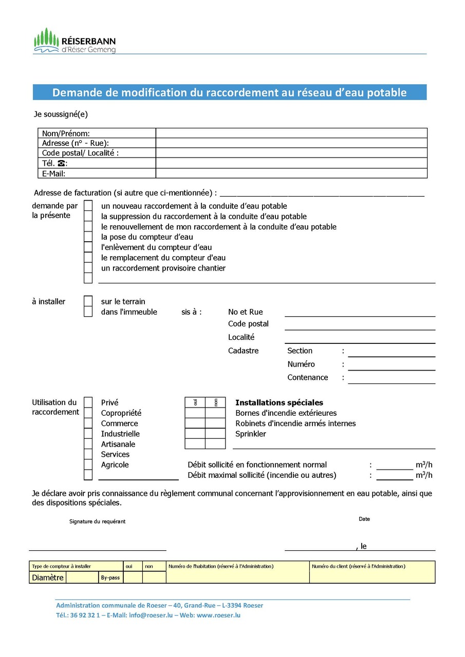 Demande de modification du raccordement au réseau d'eau potable